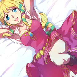 1girl bad_deviantart_id bad_id bed blonde_hair blue_eyes breasts cleavage dress female_focus from_above happy long_hair lying naso4 nintendo open_mouth ponytail princess_zelda smile solo the_legend_of_zelda the_legend_of_zelda:_skyward_sword twintails