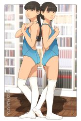 Rule 34 | 2girls, absurdres, asics, ass, bare shoulders, basketweave, black eyes, black hair, blue one-piece swimsuit, blurry, bookshelf, border, competition swimsuit, depth of field, flat chest, highres, indoors, long hair, looking at viewer, multiple girls, no shoes, one-piece swimsuit, original, outside border, shinchou ni kansuru kousatsu, short hair, smile, standing, swimsuit, thick thighs, thighhighs, thighs, vending machine, white border, white thighhighs, wooden floor