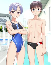 1boy 1girl absurdres age_difference androgynous black_hair black_male_swimwear blue_eyes blue_one-piece_swimsuit blue_sky breasts cloud commentary_request competition_swimsuit crossed_arms day grey_eyes grin highres male_swimwear multicolored_male_swimwear multicolored_swimsuit one-piece_swimsuit original outdoors purple_eyes short_hair sky small_breasts smile standing swim_briefs swimsuit takafumi variant_set