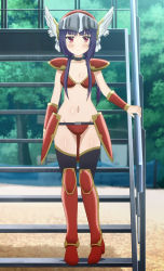 1girl armor bikini bikini_armor boots cosplay dragon_quest dragon_quest_iii female_focus highres kinoshita_ringo_(no-rin) long_hair navel no-rin parody purple_hair red_eyes screencap warrior_(dq3) solo stairs swimsuit thigh_boots thighhighs warrior_(dq3)_(cosplay)