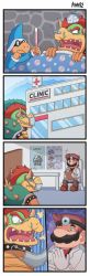 3boys 4koma armlet ayyk92 bed bed_sheet bowser brown_footwear brown_hair chair chart clipboard collar comic doctor dr._mario dr._mario_(game) english_text facial_hair glove_pull gloves goomba head_mirror highres hospital jewelry lab_coat liquid-in-glass_thermometer magikoopa male_focus mario mario_(series) mask multiple_boys mustache nintendo princess_peach red_hair runny_nose sharp_teeth short_hair sick sitting snot spiked_armlet spiked_collar spikes stethoscope sweat table teeth thermometer virus_(dr._mario) white_gloves
