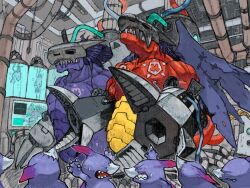 analog_boy02 arm_cannon black_wings cyborg digimon digimon_(creature) dragon gigadramon highres indoors mechanical_wings megadramon no_humans torn_wings weapon wings