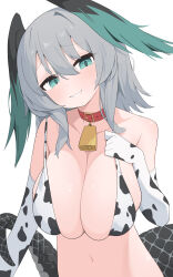 1girl absurdres animal_print arknights bell blue_eyes blush breasts collar cow_print cow_print_gloves cowbell cowboy_shot elbow_gloves feathered_wings gloves grey_hair hair_between_eyes head_wings highres ho&#039;olheyak_(arknights) large_breasts long_tail looking_at_viewer medium_hair navel neck_bell parted_lips print_gloves sidelocks simple_background smile snake_tail solo tail underwear underwear_only white_background wings yuuko_(oruta)