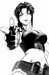 1girl absurdres belt black_lagoon breasts commentary crop_top cutoffs denim denim_shorts english_commentary fangs fingerless_gloves foreshortening gloves greyscale highres large_breasts looking_at_viewer micro_shorts midriff monochrome mostlybluewyatt navel open_mouth outstretched_arm pointing pointing_at_viewer raised_eyebrow revy_(black_lagoon) shorts shoulder_tattoo signature simple_background smile solo tank_top tattoo upper_body
