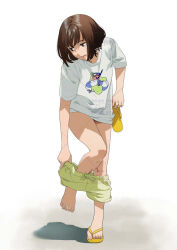 1girl brown_hair grey_eyes lower_teeth_only mattaku_mousuke open_mouth original sandals shirt short_sleeves shorts solo standing standing_on_one_leg t-shirt teeth undressing white_background white_shirt