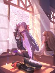 2girls asagi_futsuka bb_(fate) bb_(fate/extra) black_boots black_hat black_sailor_collar boots bow brown_hair chair cherry_blossoms closed_eyes closed_mouth curtains desk falling_petals fate/extra fate_(series) floating_hair gloves hair_bow hat highres indoors kishinami_hakuno_(female) long_hair long_sleeves looking_at_another multiple_girls neck_ribbon open_mouth petals purple_hair red_ribbon ribbon sailor_collar school_chair school_desk school_uniform shirt sitting smile thigh_boots unworn_hat unworn_headwear very_long_hair white_gloves white_shirt window
