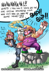 1boy 1girl :o artist_name ass_smack belt belt_buckle bent_over big_nose black_belt black_footwear black_gloves blue_background blue_pants blue_shirt blue_sky blush boots breasts breasts_out brown_hair buckle bulletproof_vest catchphrase cleft_chin clenched_hand clenched_teeth clothes_pull cosplay crown earrings elbow_pads english_text erection eyelashes facial_hair fat fat_man flipped_hair flower_earrings from_side glint gloves glowing glowing_eyes gradient_background grass green_footwear gumroad_username hand_on_own_knee hat height_difference hetero high_collar holding holding_pendulum hypnosis jewelry knee_pads large_breasts large_penis legs legs_apart legs_together lips long_hair long_sleeves looking_at_another looking_down mario_(series) metal_gear_(series) metal_gear_solid mind_control motion_lines mustache nintendo notice_lines open_hand open_mouth outdoors overalls pants pants_pull patreon_username pendulum penis pink_eyes pointy_ears pointy_footwear princess_daisy psicoero purple_overalls sex sex_from_behind shirt shoes short_sleeves sky slap_mark slapping sneaking_suit solid_snake solid_snake_(cosplay) sound_effects spanked spanking speech_bubble standing standing_sex star_(symbol) super_mario_land teeth testicles thick_eyebrows uncensored upper_teeth_only v veins veiny_penis wario wario_land white_background white_gloves yellow_headwear yellow_shirt
