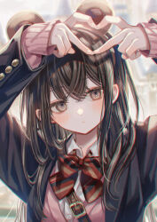 Rule 34 | 1girl, absurdres, arms up, black hair, black jacket, blush, bow, bowtie, brown eyes, closed mouth, commentary, four-finger heart hands, heart, heart hands, highres, jacket, long hair, looking at viewer, open clothes, open jacket, original, pink sweater, red bow, red bowtie, school uniform, sleeves past wrists, solo, striped bow, striped bowtie, striped clothes, suzaku (zaku6584), sweater, symbol-only commentary, upper body