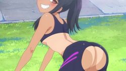 1boy 1girl animated anime_screenshot ass bent_over bike_shorts black_hair blush breasts fang grin hachiouji_naoto highres ijiranaide_nagatoro-san looking_back medium_breasts nagatoro_hayase nude_filter one-piece_tan open_mouth peppymcfalco_(editor) ponytail pussy smile sound spandex tagme tan tanline third-party_edit underboob video workout_clothes