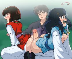 Rule 34 | 1boy, 2girls, absurdres, aldharoku, ass, ass-to-ass, black eyes, black footwear, black pants, blue eyeshadow, blue hair, blue tunic, blurry, blush, botan (inuyasha), breasts, breasts out, brown hair, buttjob, clothes lift, clothes pull, constricted pupils, cooperative buttjob, dark blue hair, embarrassed, eyebrows, eyelashes, eyeshadow, from side, functionally nude, group sex, hetero, highres, huge ass, inuyasha, japanese clothes, leaning forward, long hair, long sleeves, looking afar, makeup, miko, miroku, momiji (inuyasha), multiple girls, nipples, no bra, no panties, open clothes, open mouth, open tunic, outdoors, pants, pants pull, penis, petite, profile, red eyeshadow, red tunic, scared, seiza, shirt, shoes, short hair, sitting, sleeveless, sleeveless tunic, small breasts, teamwork (sexual), teeth, threesome, tunic, tunic lift, uncensored, upper teeth only, wavy mouth, white shirt