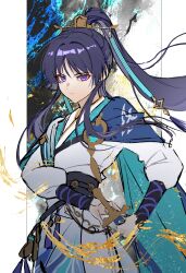 Rule 34 | 1boy, absurdres, alternate costume, alternate hair length, alternate hairstyle, aqua gemstone, arm wrap, arms at sides, black hair, black sash, blue cape, blunt ends, cape, chinese clothes, closed mouth, colored inner hair, cowboy shot, eyelashes, eyeliner, eyeshadow, gem, genshin impact, gold, grey hair, high ponytail, highres, holding, holding sword, holding weapon, long hair, long sidelocks, long sleeves, looking at viewer, makeup, male focus, miaoyeza233, multicolored hair, ponytail, purple eyes, red eyeliner, red eyeshadow, sash, scaramouche (genshin impact), sidelocks, solo, sword, tassel, tsurime, two-sided cape, two-sided fabric, unfinished, upper body, very long sidelocks, vision (genshin impact), wanderer (genshin impact), weapon, white sleeves