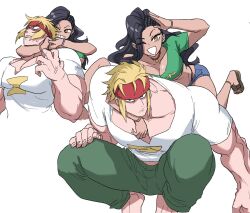 1boy 1girl alex_(street_fighter) barefoot black_hair blonde_hair brazil breasts brown_eyes choker cleavage clenched_hand clenched_teeth green_pants green_shirt hair_over_one_eye headband ilo_a5 jewelry laura_matsuda long_hair muscular muscular_male necklace one_eye_closed pants pectorals red_headband sandals shirt short_hair short_shorts shorts squatting strangling street_fighter street_fighter_v teeth thong white_background white_shirt wink wrestling wristband