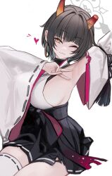 Rule 34 | 1girl, ;3, absurdres, arm up, armpits, black hair, black skirt, blue archive, breasts, broken horn, commentary request, cone horns, detached sleeves, earrings, halo, heart, high-waist skirt, highres, hoop earrings, horns, japanese clothes, jewelry, kimono, large breasts, looking at viewer, mole, mole under eye, multiple moles, nagata gata, niya (blue archive), one eye closed, pleated skirt, presenting armpit, short hair, sideboob, sideless kimono, simple background, single earring, single thighhigh, sitting, skirt, solo, thighhighs, thighs, v, white kimono, white thighhighs