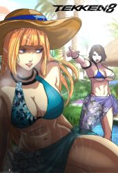 Rule 34 | 2girls, aqua sarong, blonde hair, blue eyes, blunt bangs, breasts, brown hair, cleavage, copyright name, emilie de rochefort, floral print, hat, highres, hime cut, kazama asuka, looking at another, multiple girls, pointing, pool, print sarong, purple sarong, raydash30, sarong, smile, sun hat, swimsuit, tekken, tekken 8, wet