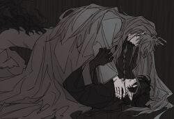 Rule 34 | 2boys, antlers, arknights, black background, brothers, chongyue (arknights), clenched teeth, coat, dragon boy, dragon horns, dragon tail, earrings, facing another, hand on another&#039;s face, hands up, horns, jewelry, long hair, long sleeves, low ponytail, lying, male focus, multiple boys, nills, on back, pointy ears, ponytail, siblings, strangling, tail, teeth, very long hair, wide sleeves, ji (arknights)