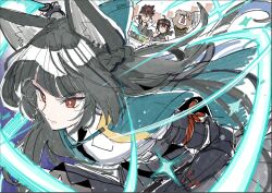 2boys 2girls animal_ear_fluff animal_ears anton_ivanov bear_boy ben_bigger black_hair black_necktie border closed_mouth commentary_request fox_ears fox_girl furry furry_male goggles goggles_on_head grace_howard heparou50 highres holding holding_sword holding_weapon hoshimi_miyabi long_hair multiple_boys multiple_girls necktie open_mouth red_eyes red_hair shirt slashing spiked_hair sword weapon white_shirt zenless_zone_zero