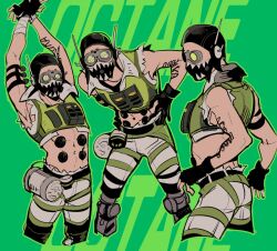 1boy abs apex_legends arm_tattoo arms_up belt black_belt black_gloves character_name chinese_commentary collared_jacket commentary_request cropped_jacket cropped_legs fingerless_gloves gloves goggles green-tinted_eyewear green_background green_jacket hand_on_own_hip jacket male_focus mask midriff ming_(5unri5e666) mouth_mask multiple_views navel octane_(apex_legends) pants prosthesis prosthetic_leg radio_antenna stretching tattoo thigh_belt thigh_strap tinted_eyewear valorant white_pants wing_collar