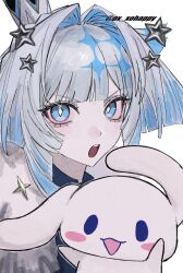 1girl animal animal_ears artist_name blue_eyes blue_hair blush_stickers cerydra_(honkai:_star_rail) crown diamond-shaped_pupils diamond_(shape) fur_trim grey_hair highres honkai:_star_rail honkai_(series) looking_at_viewer multicolored_hair open_mouth ox_xohappy rabbit rabbit_ears simple_background smile sparkle star_(symbol) star_ornament symbol-shaped_pupils teeth two-tone_hair upper_body white_background