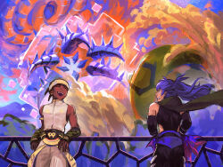 2boys black_hair closed_eyes dark-skinned_male dark_skin earrings eternatus eternatus_(eternamax) gen_8_pokemon gigantamax gigantamax_sandaconda go-lurk highres jewelry legendary_pokemon leon_(pokemon) leon_(sygna_suit)_(pokemon) looking_at_another male_focus multiple_boys nintendo official_alternate_costume open_mouth pokemon pokemon_(creature) pokemon_masters_ex purple_hair raihan_(new_year&#039;s_2025)_(pokemon) raihan_(pokemon) sandaconda
