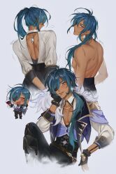 1boy black_gloves blue_eyes blue_hair braid chibi commentary cup dark-skinned_male dark_skin drinking_glass earrings english_commentary eyepatch fingerless_gloves genshin_impact ggelus gloves hair_between_eyes highres jewelry kaeya_(genshin_impact) light_smile long_hair long_sleeves looking_at_viewer looking_back male_focus nipples ponytail solo teeth toned toned_male topless_male twitter_username wine_glass