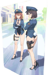 2girls absurdres adapted_costume ass black_footwear black_hair black_leotard black_necktie blue_headwear blue_jacket brown_eyes closed_eyes closed_mouth crossed_arms crosswalk ddal detached_collar fake_tail from_side full_body gloves hair_between_eyes hat high_heels highres holding holster jacket leotard long_sleeves looking_at_another medium_hair multiple_girls necktie open_clothes open_jacket original outdoors playboy_bunny police police_hat police_uniform policewoman rabbit_tail short_necktie standing tail thigh_holster thighs weapon_case white_gloves