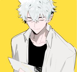 1boy black_shirt closed_eyes closed_mouth collared_shirt hair_between_eyes holding holding_paper jacket long_sleeves lu_guang male_focus open_clothes paper qyzhiaiyisheng shiguang_dailiren shirt short_hair simple_background smile solo upper_body white_hair yellow_background