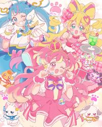 3girls :d ;d bare_shoulders blonde_hair blue_eyes blue_skirt bow bowtie commentary_request crown cup cure_idol cure_sky cure_wonderful dress drinking_glass frilled_sleeves frills grin hair_ornament headset heart heart_hair_ornament highres hirogaru_sky!_precure holding holding_tray inukai_komugi kimi_to_idol_precure long_hair melon_soda multicolored_hair multiple_girls one_eye_closed open_mouth pink_dress pink_hair precure purple_bow purple_bowtie sakura_uta_(precure) shirt short_sleeves shortcake_p skirt smile sora_harewataru streaked_hair striped_bow striped_bowtie striped_clothes tray twintails two_side_up white_shirt wing_hair_ornament wonderful_precure! yellow_crown