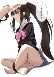 1girl 1other absurdres ahoge arms_behind_back ball_gag bare_legs barefoot bdsm bell black_jacket blush bondage bound bow brown_hair collared_shirt commentary_request dutch_angle fang feet from_below frown full_body gag grey_skirt hair_bell hair_ornament highres holding_gag imminent_gagging indian_style jacket jingle_bell jitome little_busters! little_busters!_school_uniform long_hair long_sleeves looking_at_object miniskirt natsume_rin nose_blush open_mouth panties pink_bow pink_panties pleated_skirt ponytail profile red_eyes school_uniform shibari shirt shouting sidelocks simple_background sitting skirt solo_focus speech_bubble tamawwwwwwwww thighs toenails toes translated underwear v-shaped_eyebrows very_long_hair white_background white_shirt
