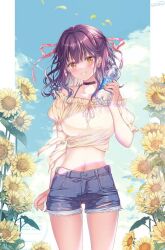 1girl bare_shoulders black_choker blue_sky blush bottle breasts choker cloud collarbone cropped_shirt denim denim_shorts flower hair_ribbon hanahanamaki holding holding_bottle long_hair looking_at_viewer medium_breasts midriff navel open_mouth original purple_hair ribbon shirt short_sleeves shorts sky smile solo sousouman sunflower teeth torn_clothes torn_shorts twinbox_school water_bottle yellow_eyes