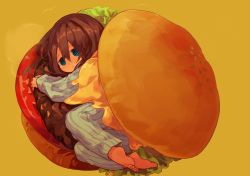 1girl barefoot blue_eyes brown_hair burger cheese cloneko_(zelmeledf2) expressionless feet female_focus food hair_between_eyes in_food lettuce lying mini_person minigirl on_side original pajamas simple_background solo toes tomato yellow_background