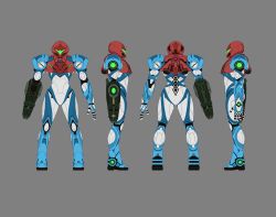 Rule 34 | arm cannon, armor, artist request, grey background, helmet, highres, metroid, metroid dread, nintendo, official art, pauldrons, power armor, power suit, samus aran, shoulder armor, standing, t-pose, visor, weapon