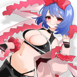 Rule 34 | 1girl, absurdres, alternate costume, asaka haru123, blush, bow, breasts, cleavage, close-up, closed mouth, commentary request, commission, detached sleeves, frilled shawl, frills, hair bow, highres, large breasts, long sleeves, looking at viewer, nagae iku, navel, red bow, shawl, skeb commission, smile, solo, touhou