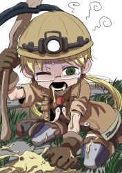 1girl @_@ blonde_hair female_focus glasses gloves grass helmet long_hair low_twintails made_in_abyss one_eye_closed pickaxe riko_(made_in_abyss) sick sitting solo thighhighs twintails uchuu_ika vomit vomiting wariza whistle