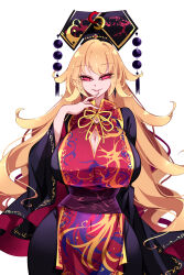 1girl absurdres beads belt black_dress black_hat blonde_hair breasts chinese_clothes cleavage_cutout clothing_cutout commentary_request cowboy_shot crescent crescent_hat_ornament dalachi_(headdress) dress earrings fingernails floral_print gem hand_up hat hat_ornament highres jewelry junko_(touhou) large_breasts lips long_fingernails long_hair long_sleeves looking_at_viewer mandarin_collar neck_ribbon phoenix_print pink_eyes purple_belt raptor7 red_gemstone red_tabard ribbon simple_background smile solo standing tabard tassel teeth touhou wavy_hair white_background wide_sleeves yellow_ribbon