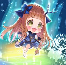 Rule 34 | 1girl, :d, animal ear fluff, animal ears, barefoot, blue bow, blue gloves, blue shorts, blue vest, blush, bow, braid, brooch, brown eyes, brown hair, center frills, chibi, commentary request, frills, full body, gloves, hair bow, ichihara nina, idolmaster, idolmaster cinderella girls, idolmaster cinderella girls starlight stage, jewelry, kemonomimi mode, long hair, looking at viewer, open mouth, puffy short sleeves, puffy shorts, puffy sleeves, rino cnc, shirt, short sleeves, shorts, smile, solo, striped bow, striped clothes, striped vest, twin braids, vertical-striped clothes, vertical-striped vest, very long hair, vest, white shirt