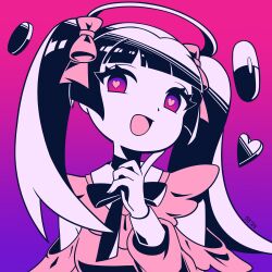 1girl absurdres black_hair black_ribbon black_skirt blunt_bangs bow clothing_cutout commentary darling_dance_(vocaloid) english_commentary finger_to_cheek gradient_background hair_ribbon halo head_tilt heart heart-shaped_pupils highres jirai_kei limited_palette long_hair looking_at_viewer nana_(nou) neck_ribbon open_mouth pill pink_eyes pink_ribbon pink_shirt ribbon shirt shoulder_cutout skirt smile solo sylvenpsd symbol-shaped_pupils twintails