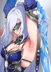 absurdres armor armpits arms_up black_blindfold blindfold blue_armor blue_gloves blue_hair breasts cleavage crystal_sword elbow_gloves gloves highres holding holding_behind_back holding_sword holding_sword_behind_back holding_weapon holding_weapon_behind_back honkai:_star_rail honkai_(series) jingliu_(honkai:_star_rail) long_hair medium_breasts shion1350 simple_background skindentation sleeveless sword upper_body very_long_hair weapon
