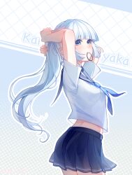 1girl absurdres ayaka_(genshin_impact) blue_eyes blue_hair blue_neckerchief blue_sailor_collar blue_skirt blue_theme blunt_bangs blush character_name commentary_request genshin_impact hair_tie hair_tie_in_mouth halftone halftone_background highres long_hair looking_back mibai_yume midriff_peek mouth_hold neckerchief pleated_skirt polka_dot polka_dot_background ponytail sailor_collar school_uniform shirt short_sleeves skirt solo tying_hair
