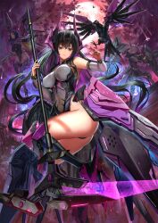 3girls absurdres armored_boots armored_gloves ass black_hair blue_eyes blue_hair bodysuit boots breasts bridal_gauntlets capelet colored_inner_hair covered_navel crossed_bangs elbow_gloves energy_blade full_moon gloves goddess_of_victory:_nikke harran_(nikke) high_heels highleg highleg_leotard highres holding holding_scythe horns impossible_clothes impossible_leotard isabel_(nikke) large_breasts leotard long_hair mecha_musume mechanical_horns mechanical_wings medium_breasts moon multicolored_hair multiple_girls nihoshi_(bipedal_s) noah_(nikke) non-humanoid_robot pink_hair purple_capelet purple_hair red_eyes robot robot_animal science_fiction scythe short_hair thigh_boots two-sided_capelet very_long_hair wings yellow_eyes