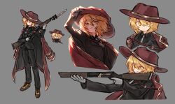 1girl absurdres black_jacket black_shirt blonde_hair cavalier_hat coat coat_on_shoulders collared_shirt commentary don_quixote_(project_moon) full_body grey_background grey_necktie gun hashtag-only_commentary hat highres holding holding_gun holding_weapon jacket limbus_company long_sleeves looking_at_viewer multiple_views necktie niioys project_moon red_coat red_hat shirt short_hair simple_background smile solo standing thumb_(identity)_(project_moon) weapon yellow_eyes