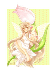 00s 1girl aiji_(lostheaven) bad_id bad_pixiv_id barefoot blonde_hair butterfly_wings chii chobits dress female_focus flower green_background insect_wings long_hair looking_at_viewer outside_border robot_ears signature sleeveless sleeveless_dress smile solo tulip very_long_hair wings yellow_eyes