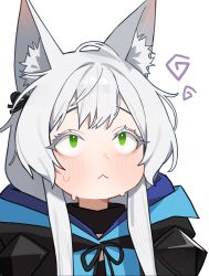 Rule 34 | 1girl, :&lt;, absurdres, animal ears, arknights, cat ears, cat girl, green eyes, grey hair, highres, holypotato0, long hair, looking up, messy hair, portrait, rosmontis (arknights), simple background, solo, white background