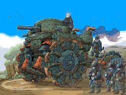 6+boys blue_sky bolt_action cannon day dieselpunk exhaust exhaust_pipe gun helmet highres holding holding_gun holding_weapon holding_wrench machine_gun mauser_98 maxim_gun motor_vehicle multiple_boys original path rifle road sky turret weapon wheel wrench yabarn