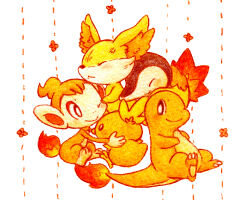 anger_vein bright_pupils charmander chimchar closed_eyes closed_mouth cyndaquil fennekin fiery_tail fire flame-tipped_tail gen_1_pokemon gen_2_pokemon gen_3_pokemon gen_4_pokemon gen_6_pokemon hug nintendo no_humans one_eye_closed pokemon pokemon_(creature) riichi_(119253) simple_background sitting smile tail torchic traditional_media white_background white_pupils
