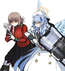 2girls absurdres between_breasts blue_archive boots breasts brown_hair closed_mouth dress fate/grand_order fate_(series) feathered_wings florence_nightingale_(fate) gloves green_eyes gun hair_between_eyes hair_intakes hair_ribbon halo hat highres holding holding_gun holding_shield holding_weapon jacket large_breasts lever_action long_hair long_sleeves low-braided_long_hair low-tied_long_hair military_jacket military_uniform mine_(blue_archive) multicolored_hair multiple_girls nubebenbe nurse_cap partially_shaded_face pink_ribbon pointy_ears ponytail red_eyes ribbon riot_shield shield shotgun shoulder_strap skirt strap_between_breasts trait_connection trinity_general_school_logo v-shaped_eyebrows weapon white_background white_gloves winchester_model_1887 wings