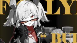 Rule 34 | 1girl, :p, ;p, absurdres, black jacket, brown background, burnice white, character name, cleavage cutout, clothing cutout, glasses, grey hair, highres, holding, jacket, long sleeves, looking at viewer, looking over eyewear, medium hair, mindscape cinema (zenless zone zero), official art, one eye closed, open clothes, open jacket, orange-tinted eyewear, red-tinted eyewear, red eyes, sleeves past wrists, smile, solo, spikes, spot color, sunglasses, tinted eyewear, tongue, tongue out, twintails, unworn eyewear, upper body, zenless zone zero