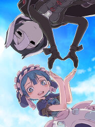 1boy 1girl :d apron black_cape black_eyes black_gloves black_hair blue_eyes blue_hair blue_sky blush breasts cape capelet child closed_mouth cloud day gloves hair_between_eyes heart heart_hands heart_hands_duo highres jacket jitome looking_at_viewer made_in_abyss maid maid_headdress maruruk medium_breasts multicolored_hair open_mouth outdoors ozen pouch puffy_short_sleeves puffy_sleeves short_hair short_sleeves sky smile symbol-shaped_pupils teeth trap two-tone_hair upper_teeth_only whistle whistle_around_neck white_hair ximu_shilang yellow_pupils