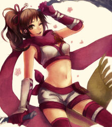 breasts brown_eyes brown_hair cleavage crop_top dagger fishnet_thighhighs fishnets hair_ornament hair_ribbon knife kunoichi_(sengoku_musou) midriff navel ninja one_eye_closed ponytail ribbon scarf sengoku_musou short_shorts shorts side_ponytail smile thighhighs weapon wink