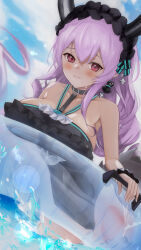 1girl absurdres arknights bare_shoulders black_choker black_hairband black_horns blush breasts choker covered_navel earrings fake_horns frilled_hairband frilled_one-piece_swimsuit frills hairband highres horn_hairband horns innertube jewelry kyuu_(q_des9) large_breasts looking_at_viewer one-piece_swimsuit outdoors pink_eyes purple_hair scrunchie single_thighhigh smile solo swim_ring swimsuit thighhighs transparent_innertube typhon_(arknights) wading wrist_scrunchie