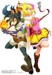 abe_akari absurdres belt blonde_hair boots copyright_name fire highres kneehighs metal_arm official_art riho_flavin satou_aika selen_hemein simple_background socks sword tatoeba_last_dungeon_mae_no_mura_no_shounen_ga_joban_no_machi_de_kurasu_youna_monogatari thighhighs weapon white_background